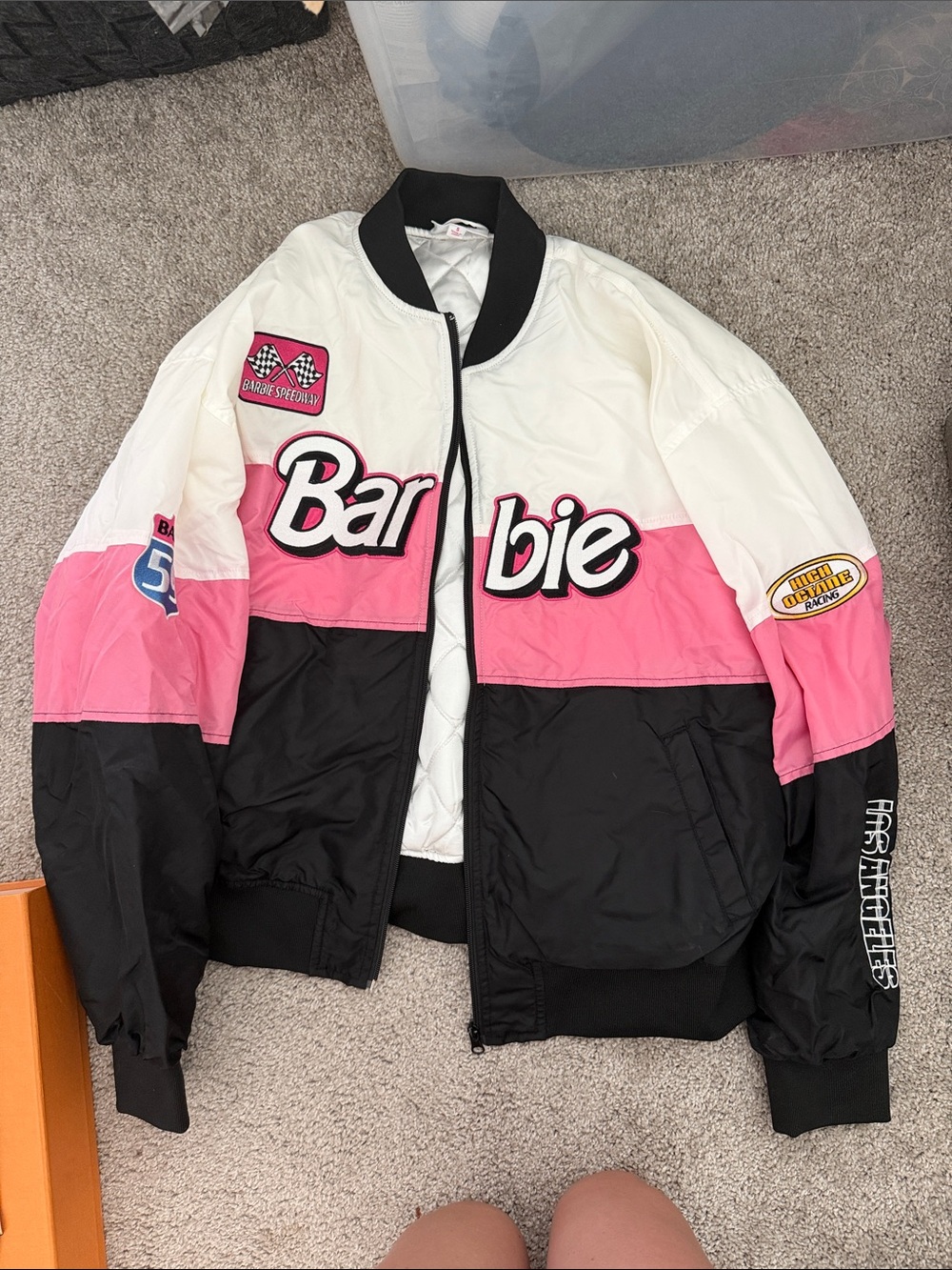 Barbie Pink Black White Colorblock Racing Bomber Jacket